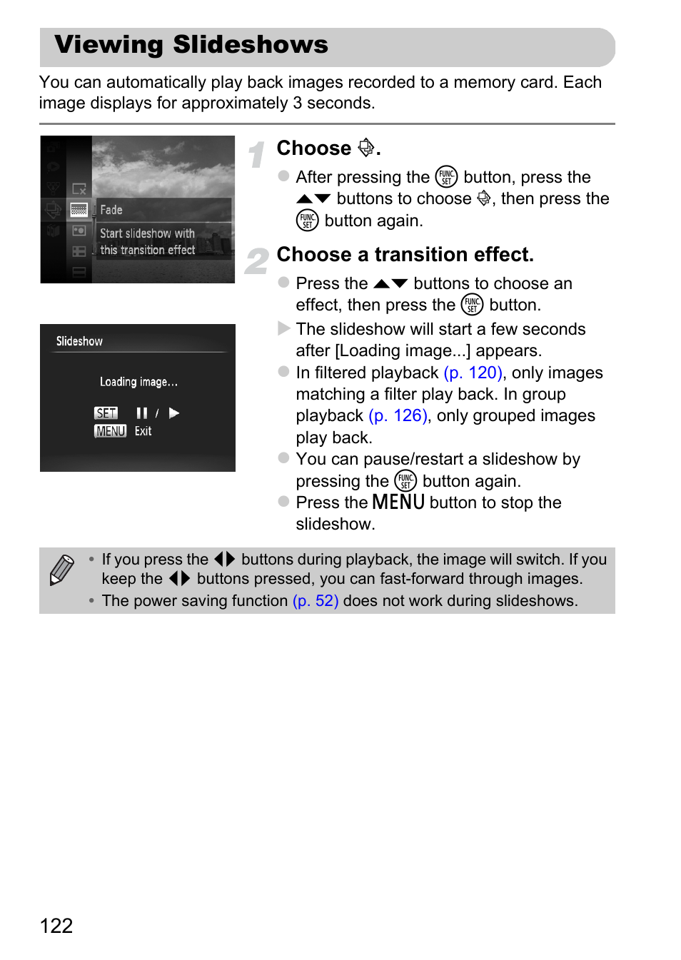 Viewing slideshows, P. 122), Choose | Choose a transition effect | Canon 220 HS User Manual | Page 122 / 209