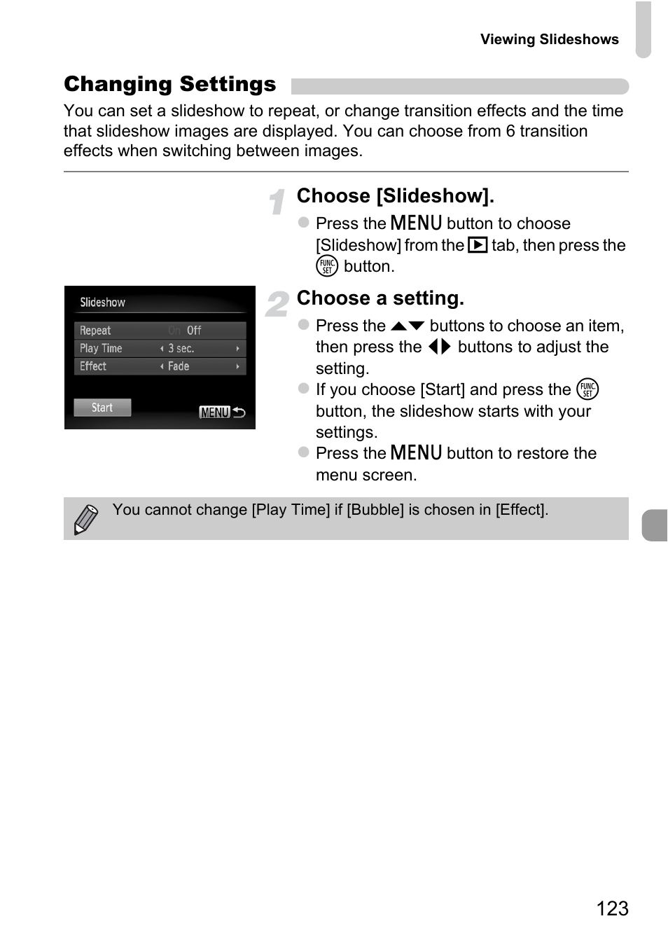 Changing settings, Choose [slideshow, Choose a setting | Canon 220 HS User Manual | Page 123 / 209