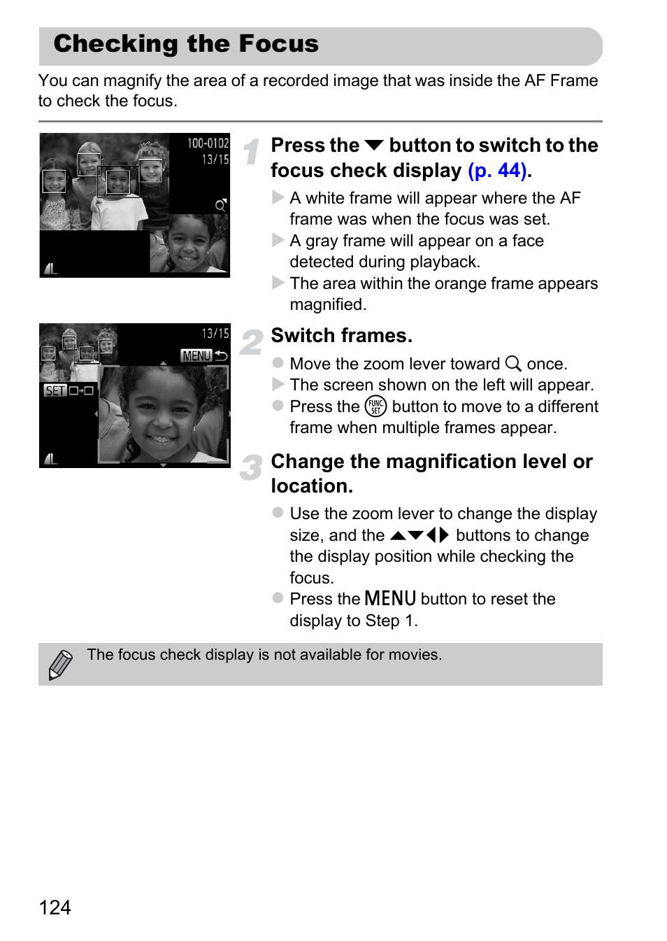 Checking the focus, Display, P. 124) | Canon 220 HS User Manual | Page 124 / 209