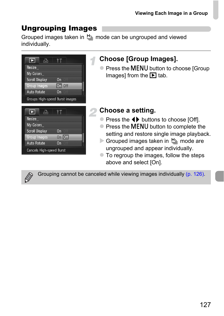 P. 127), Ungrouping images, Choose [group images | Choose a setting | Canon 220 HS User Manual | Page 127 / 209