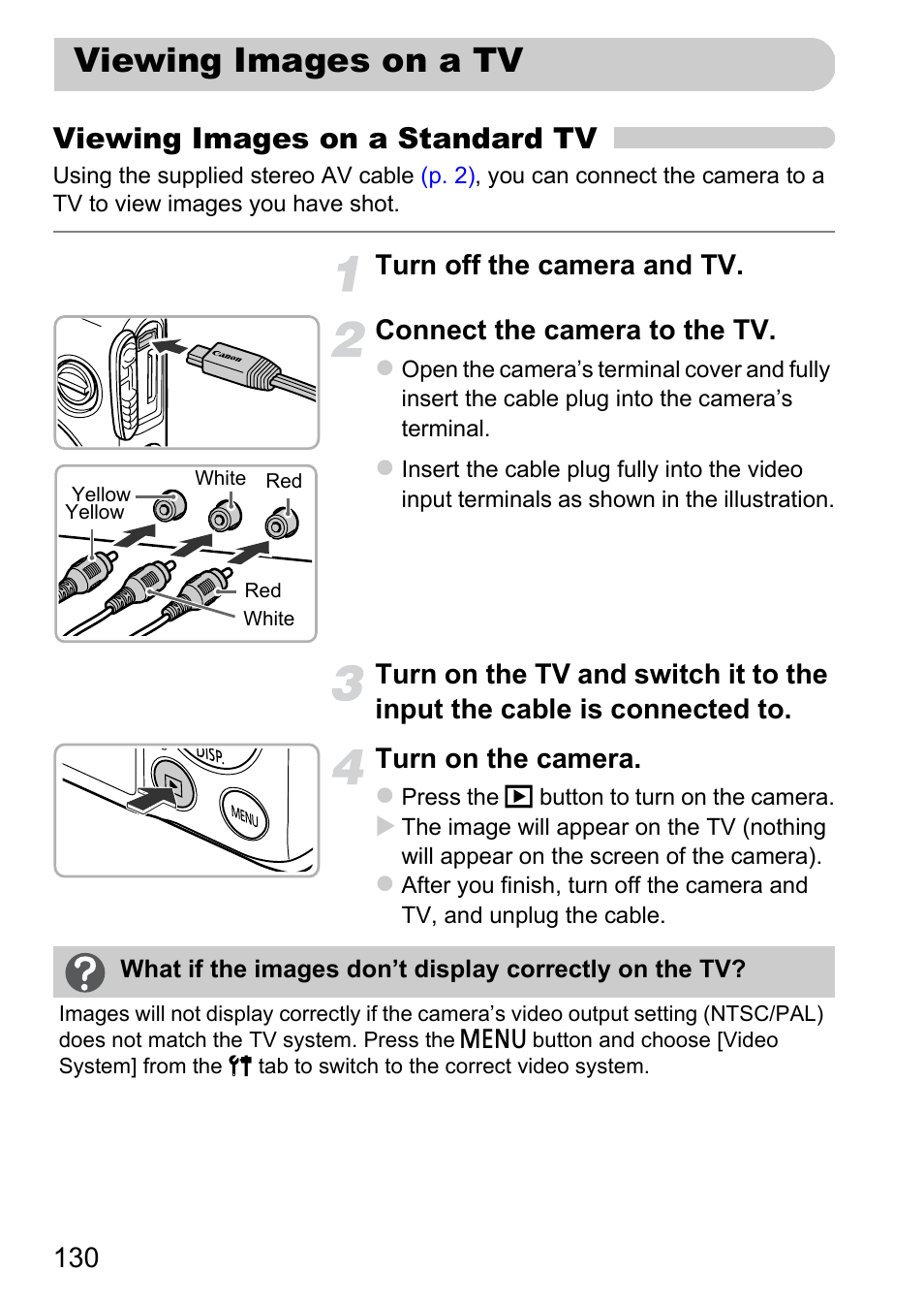 Viewing images on a tv, P. 130), Viewing images on a standard tv | Canon 220 HS User Manual | Page 130 / 209