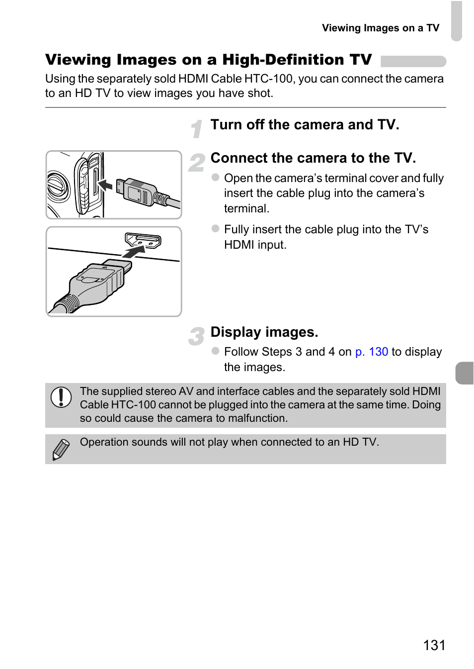 P. 131), Viewing images on a high-definition tv | Canon 220 HS User Manual | Page 131 / 209
