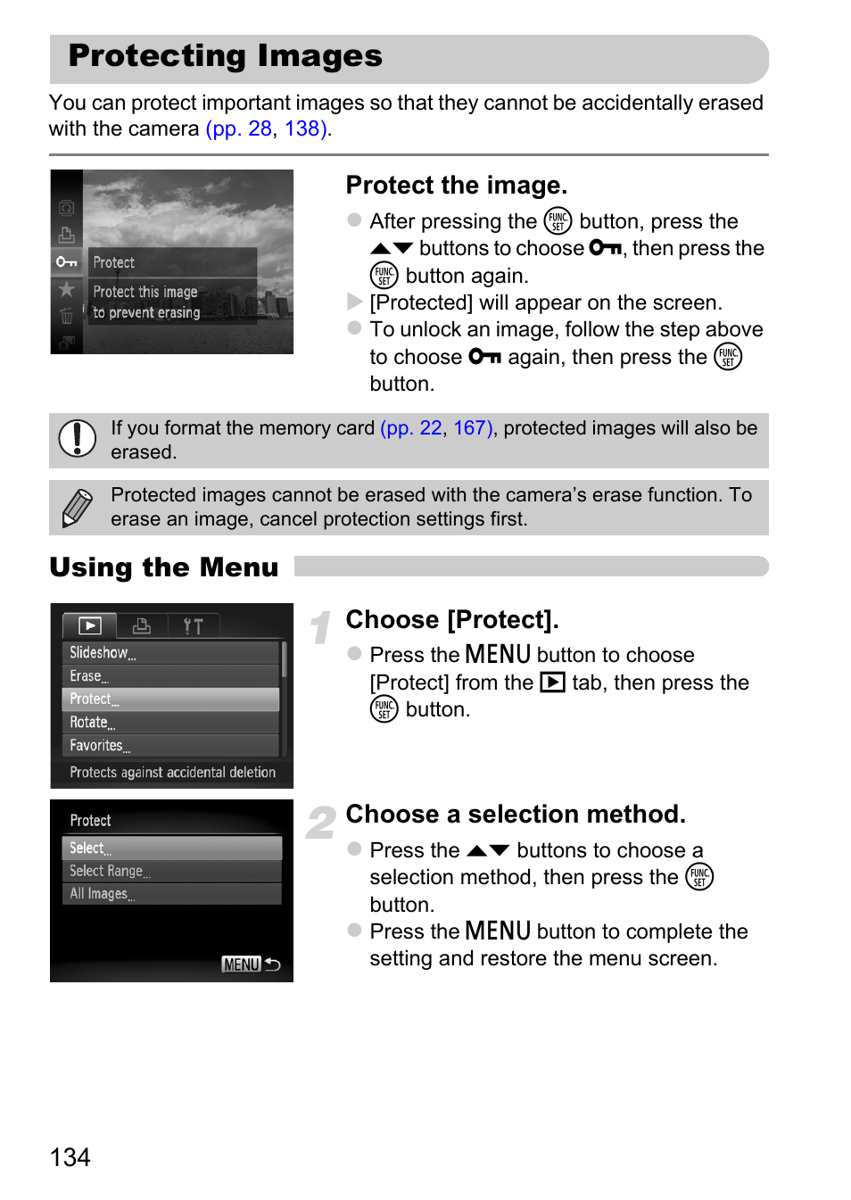 Protecting images, Otected, P. 134) | A group, Using the menu, Protect the image, Choose [protect, Choose a selection method | Canon 220 HS User Manual | Page 134 / 209