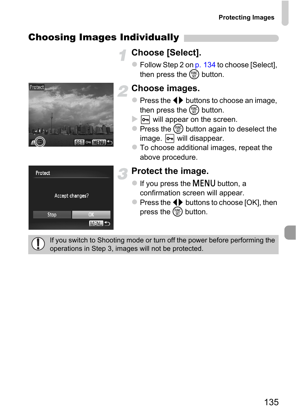 Choosing images individually, Choose [select, Choose images | Protect the image | Canon 220 HS User Manual | Page 135 / 209