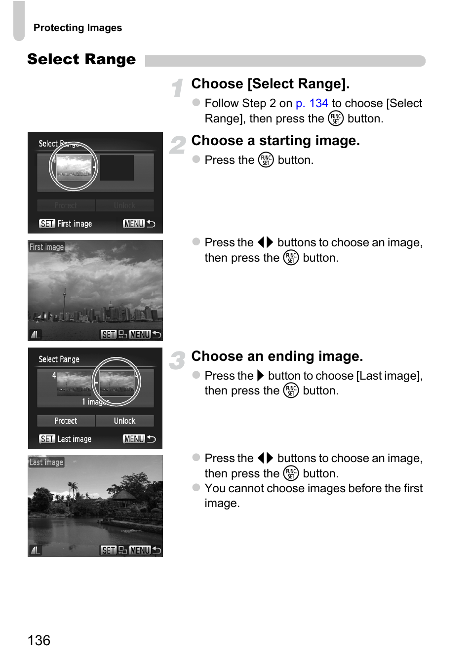 Select range, Choose [select range, Choose a starting image | Choose an ending image | Canon 220 HS User Manual | Page 136 / 209