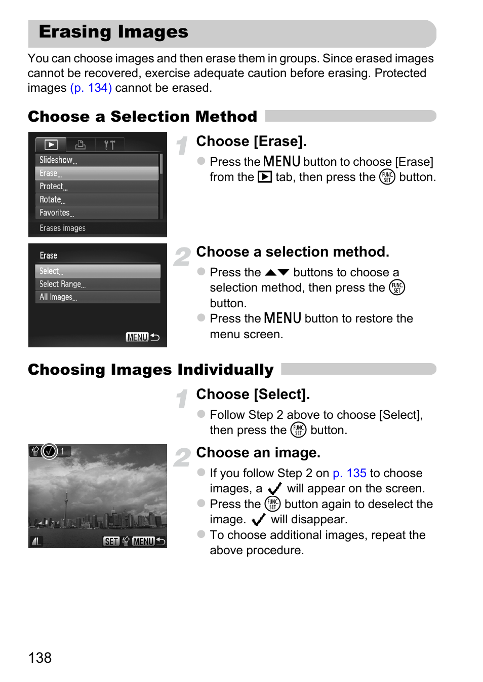 Erasing images, P. 138), Choose a selection method | Choosing images individually | Canon 220 HS User Manual | Page 138 / 209