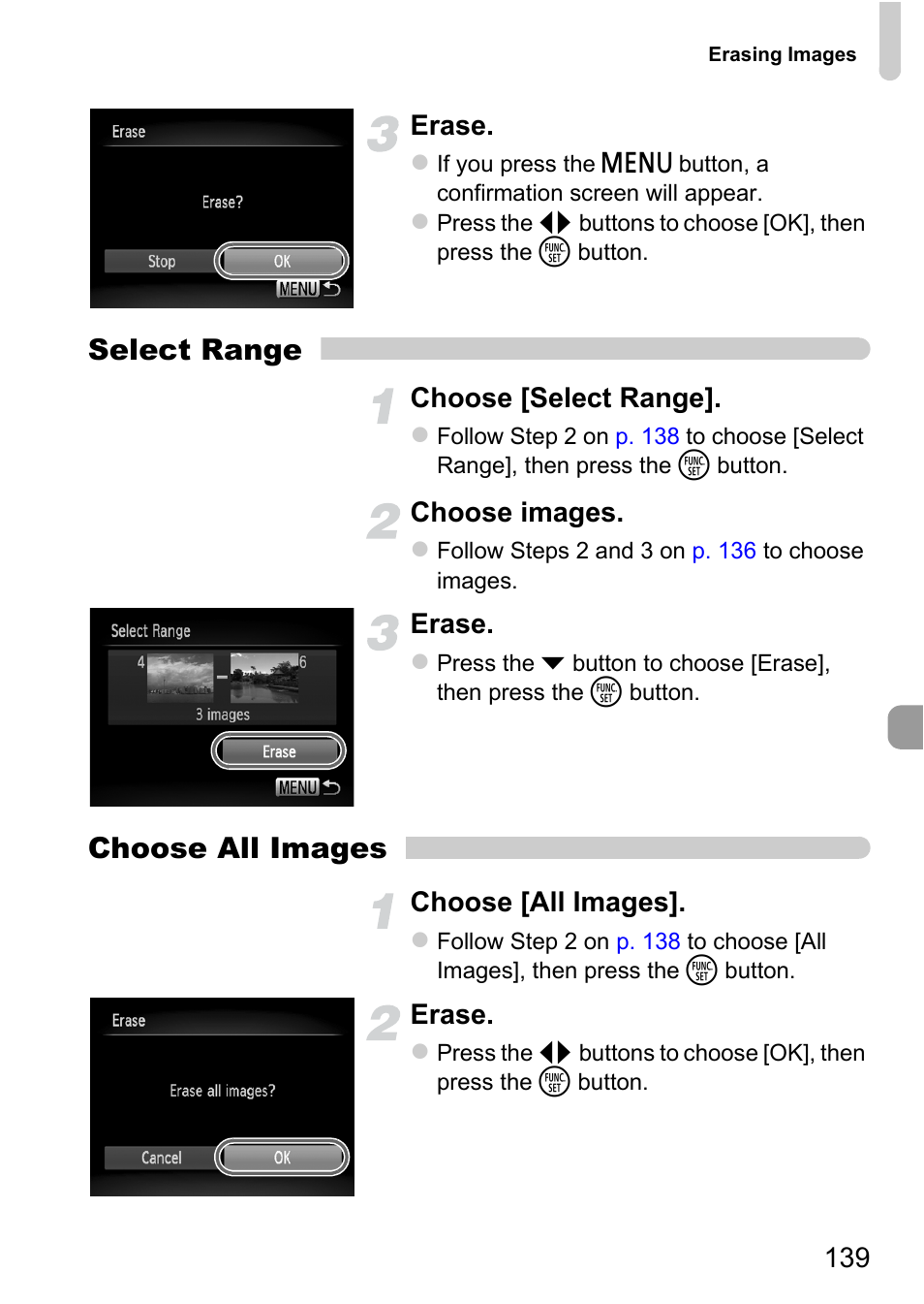 Select range, Choose all images, 139 erase | Choose [select range, Choose images, Erase, Choose [all images | Canon 220 HS User Manual | Page 139 / 209