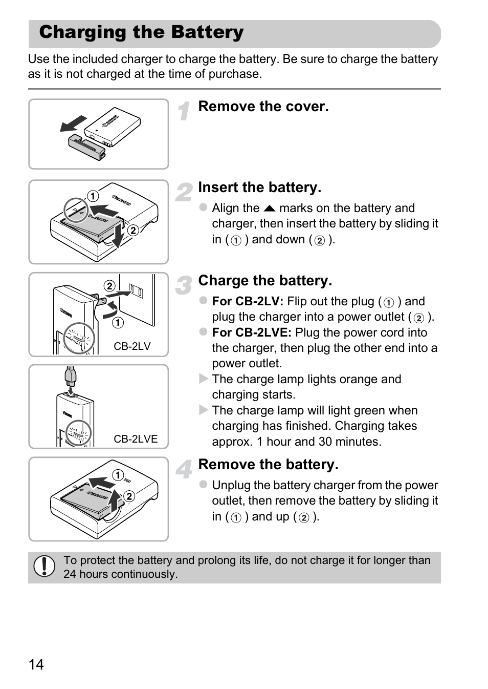 Charging the battery, Remove the cover. insert the battery, Charge the battery | Remove the battery | Canon 220 HS User Manual | Page 14 / 209