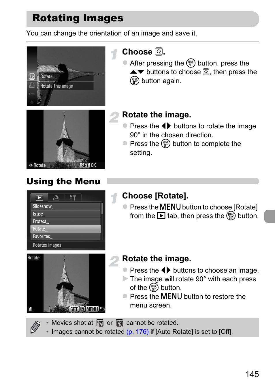 Rotating images, Pp. 145, Using the menu | Choose, Rotate the image, Choose [rotate | Canon 220 HS User Manual | Page 145 / 209