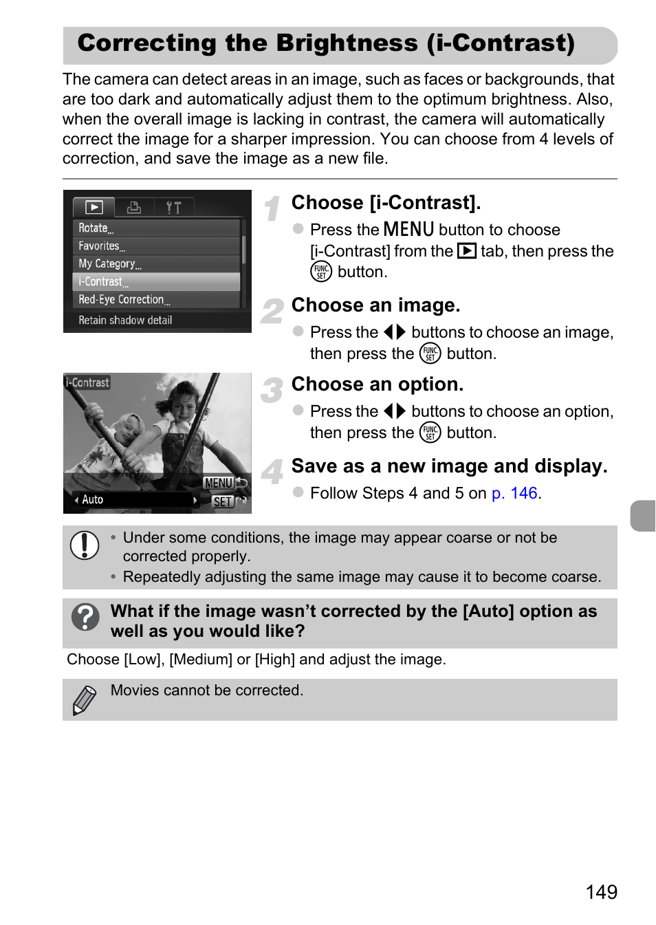 Correcting the brightness (i-contrast), Correcting the brightness, I-contrast) | Choose [i-contrast, Choose an image, Choose an option, Save as a new image and display | Canon 220 HS User Manual | Page 149 / 209
