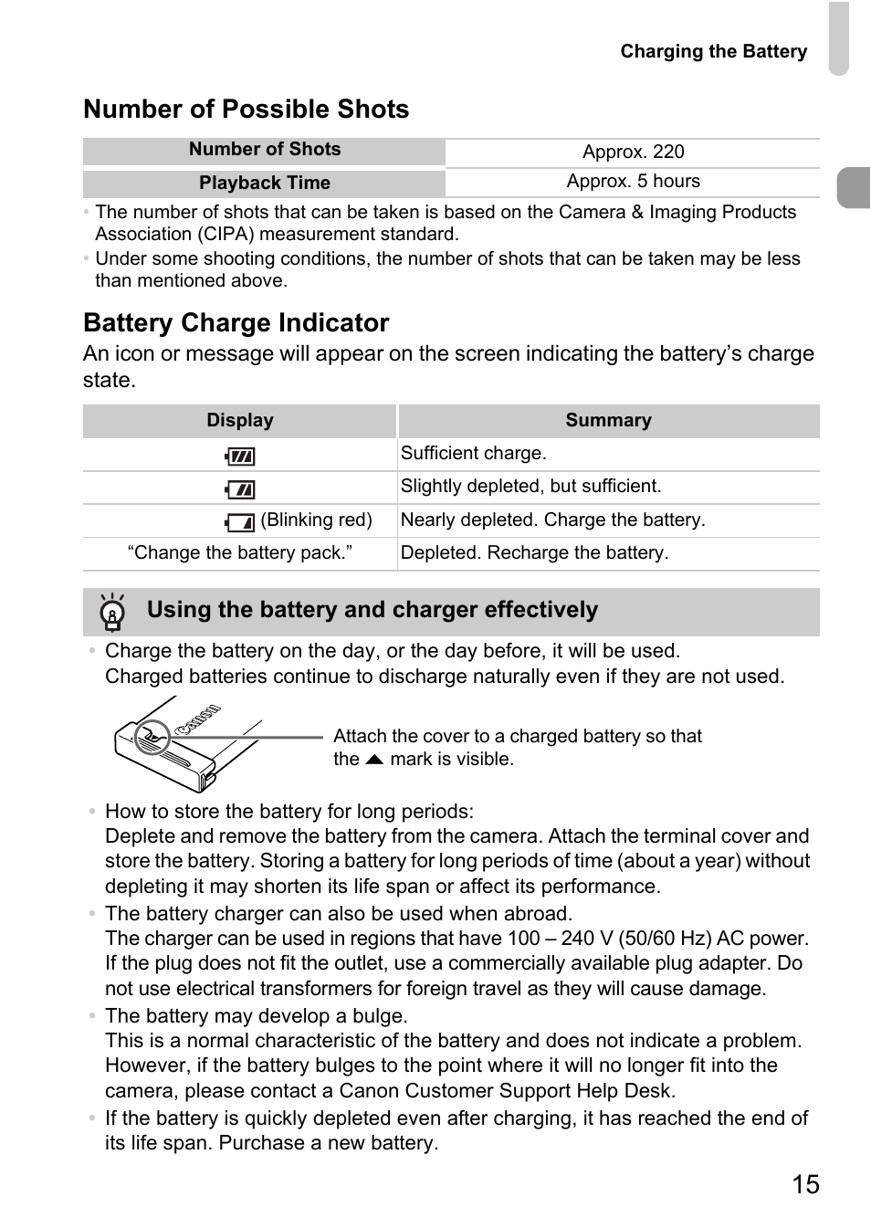 15 number of possible shots, Battery charge indicator | Canon 220 HS User Manual | Page 15 / 209
