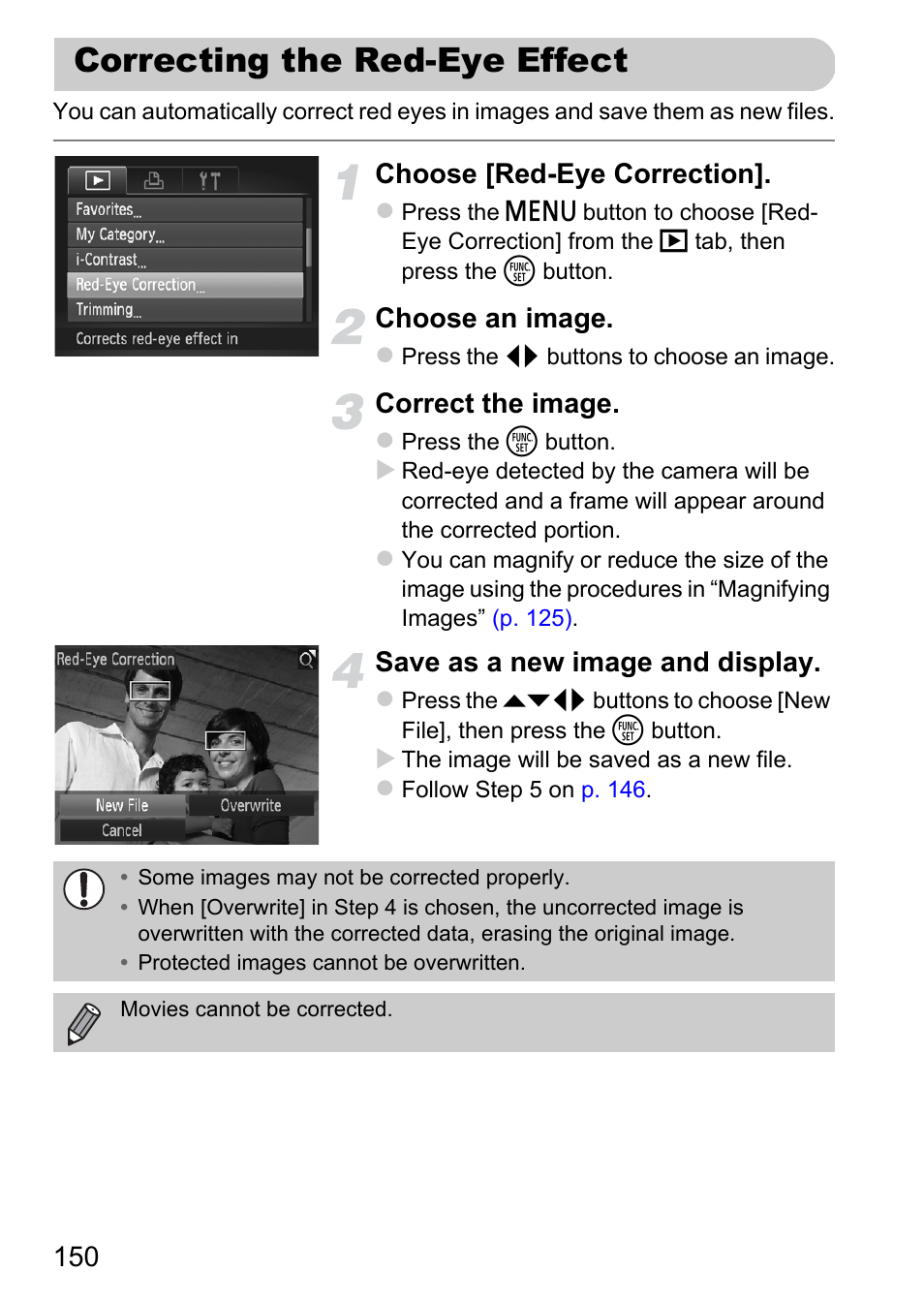 Correcting the red-eye effect, Choose [red-eye correction, Choose an image | Correct the image, Save as a new image and display | Canon 220 HS User Manual | Page 150 / 209