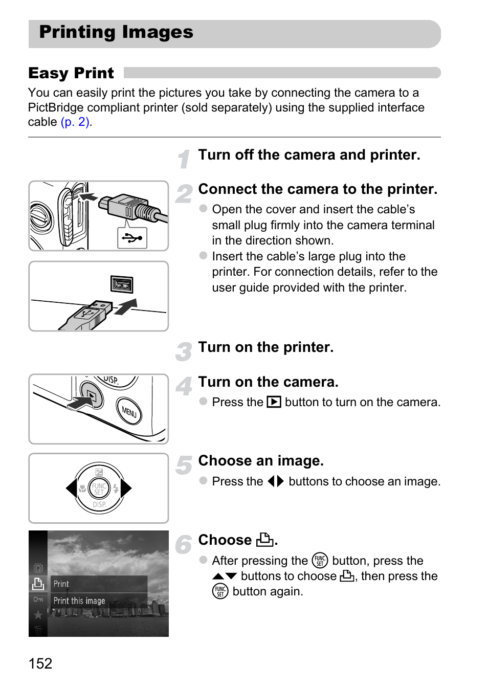 Printing images, P. 152), Easy print | Canon 220 HS User Manual | Page 152 / 209