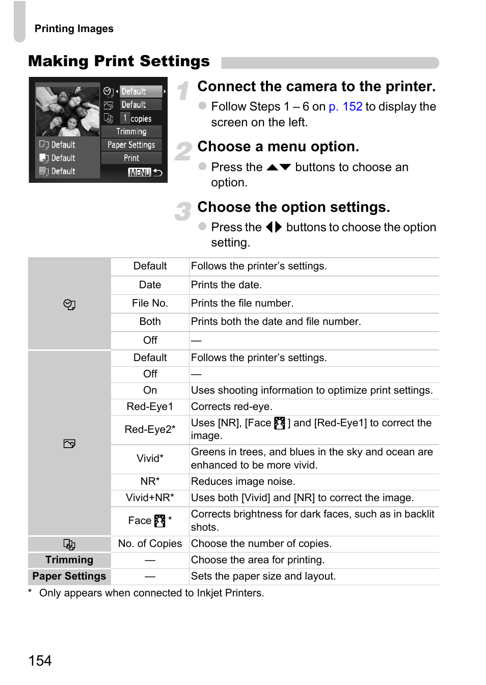 Making print settings, Connect the camera to the printer, Choose a menu option | Choose the option settings | Canon 220 HS User Manual | Page 154 / 209