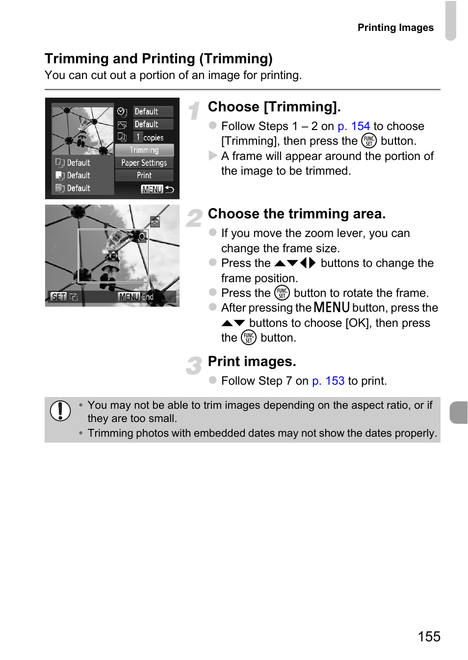 155 trimming and printing (trimming), Choose [trimming, Choose the trimming area | Print images | Canon 220 HS User Manual | Page 155 / 209