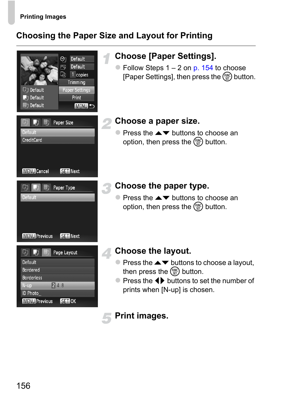 Choose a paper size, Choose the paper type, Choose the layout | Print images | Canon 220 HS User Manual | Page 156 / 209