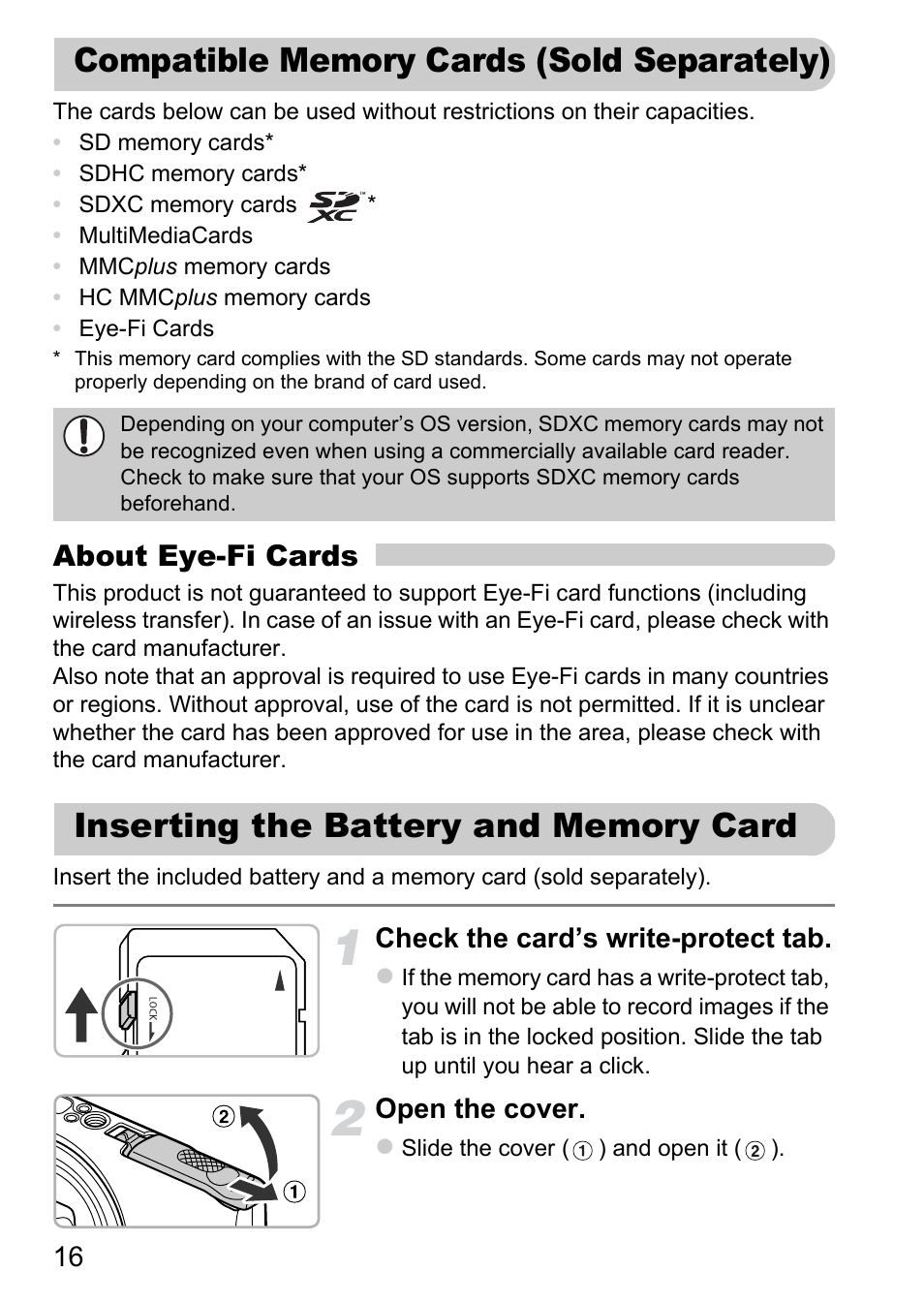 Compatible memory cards (sold separately), Inserting the battery and memory card, Compatible memory cards | Sold separately), Inserting the battery and, Memory card, About eye-fi cards, Check the card’s write-protect tab, Open the cover | Canon 220 HS User Manual | Page 16 / 209