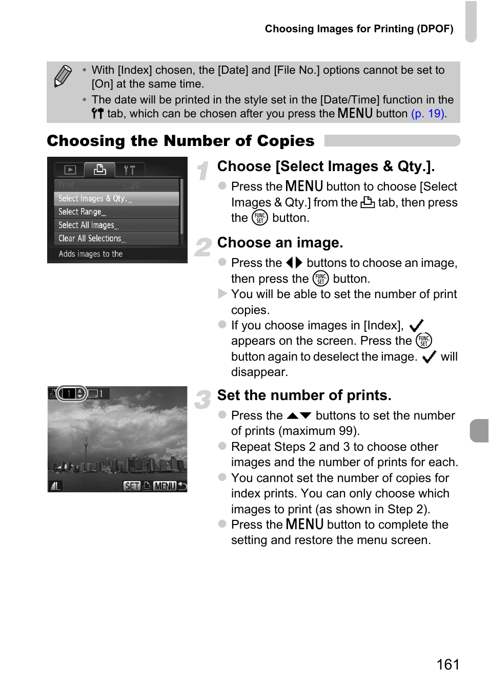P. 161), Choosing the number of copies, Choose [select images & qty | Choose an image, Set the number of prints | Canon 220 HS User Manual | Page 161 / 209