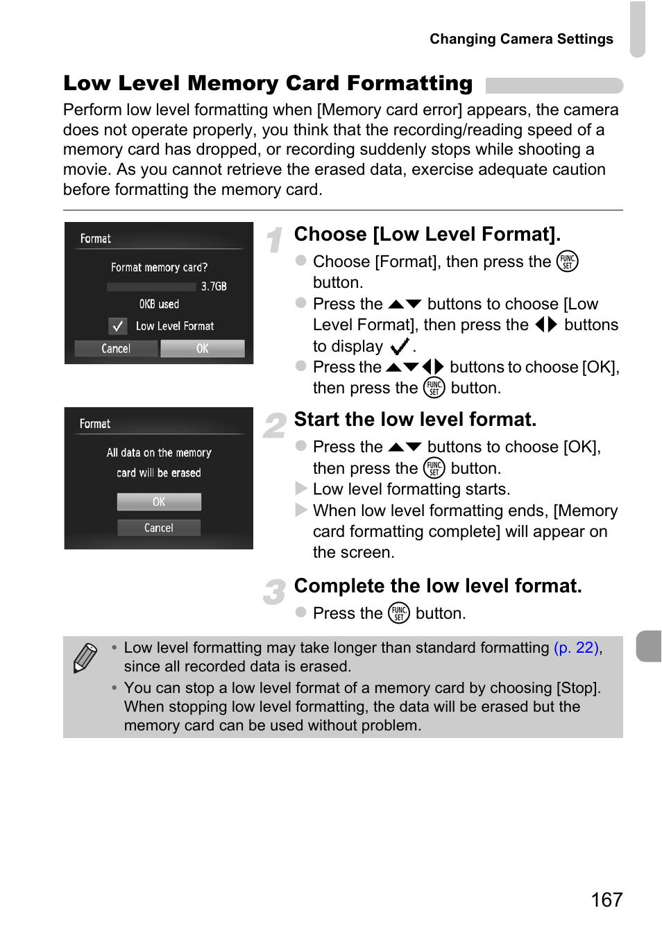 Choose [low level format, Start the low level format, Complete the low level format | Canon 220 HS User Manual | Page 167 / 209