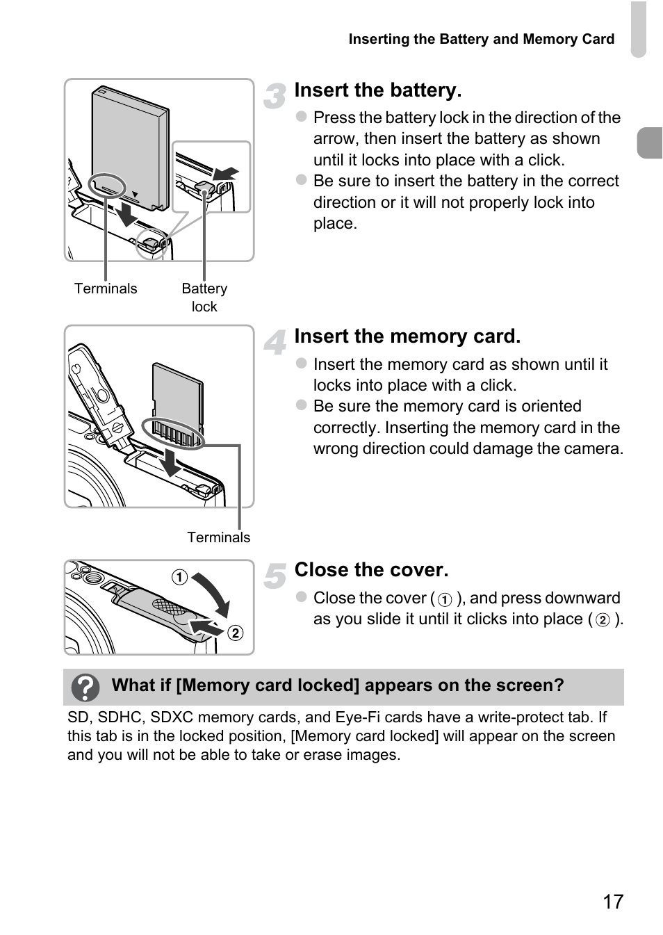 17 insert the battery, Close the cover | Canon 220 HS User Manual | Page 17 / 209