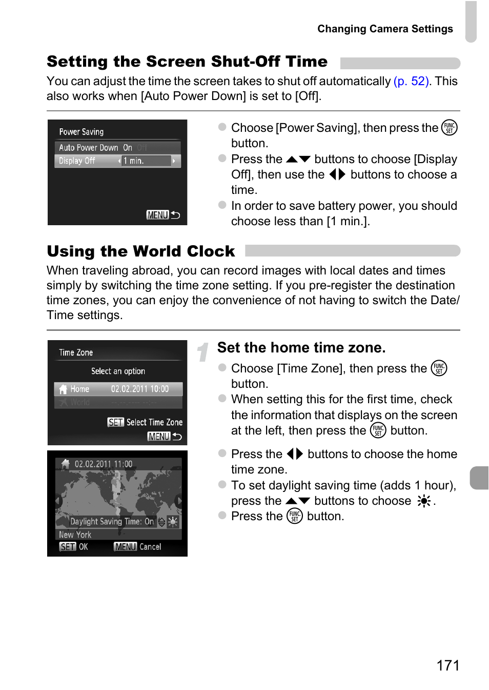 P. 171), Setting the screen shut-off time, Using the world clock | Set the home time zone | Canon 220 HS User Manual | Page 171 / 209