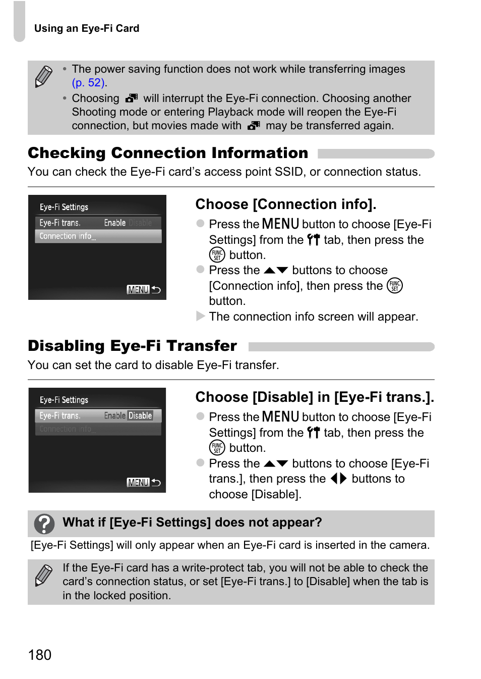 P. 180), Checking connection information, Disabling eye-fi transfer | Choose [connection info, Choose [disable] in [eye-fi trans | Canon 220 HS User Manual | Page 180 / 209