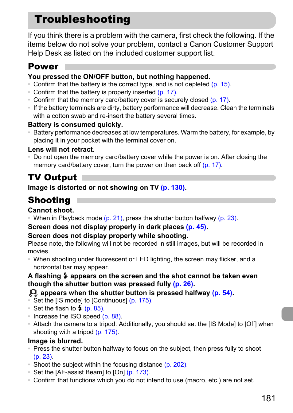 Troubleshooting, Power, Tv output | Shooting | Canon 220 HS User Manual | Page 181 / 209