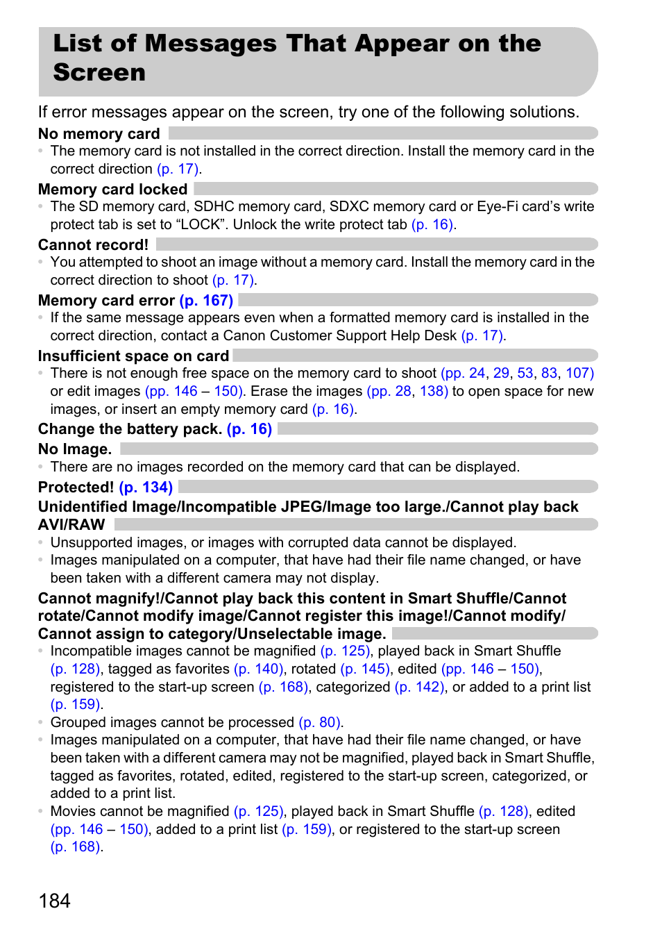 List of messages that appear on the screen, List of messages that appear, On the screen | Canon 220 HS User Manual | Page 184 / 209