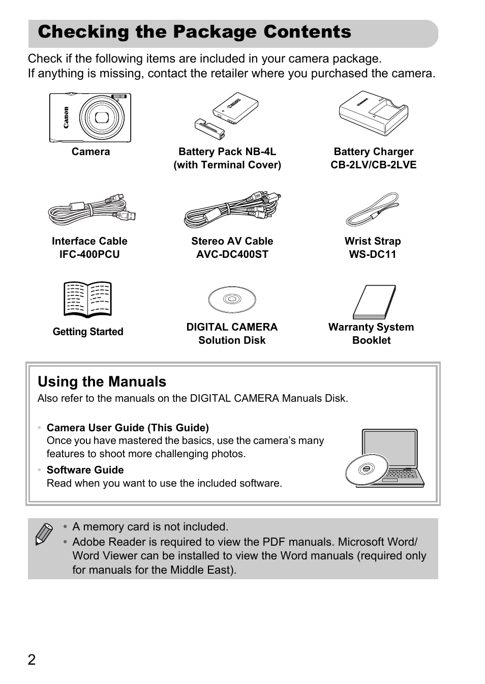 Checking the package contents, Using the manuals | Canon 220 HS User Manual | Page 2 / 209