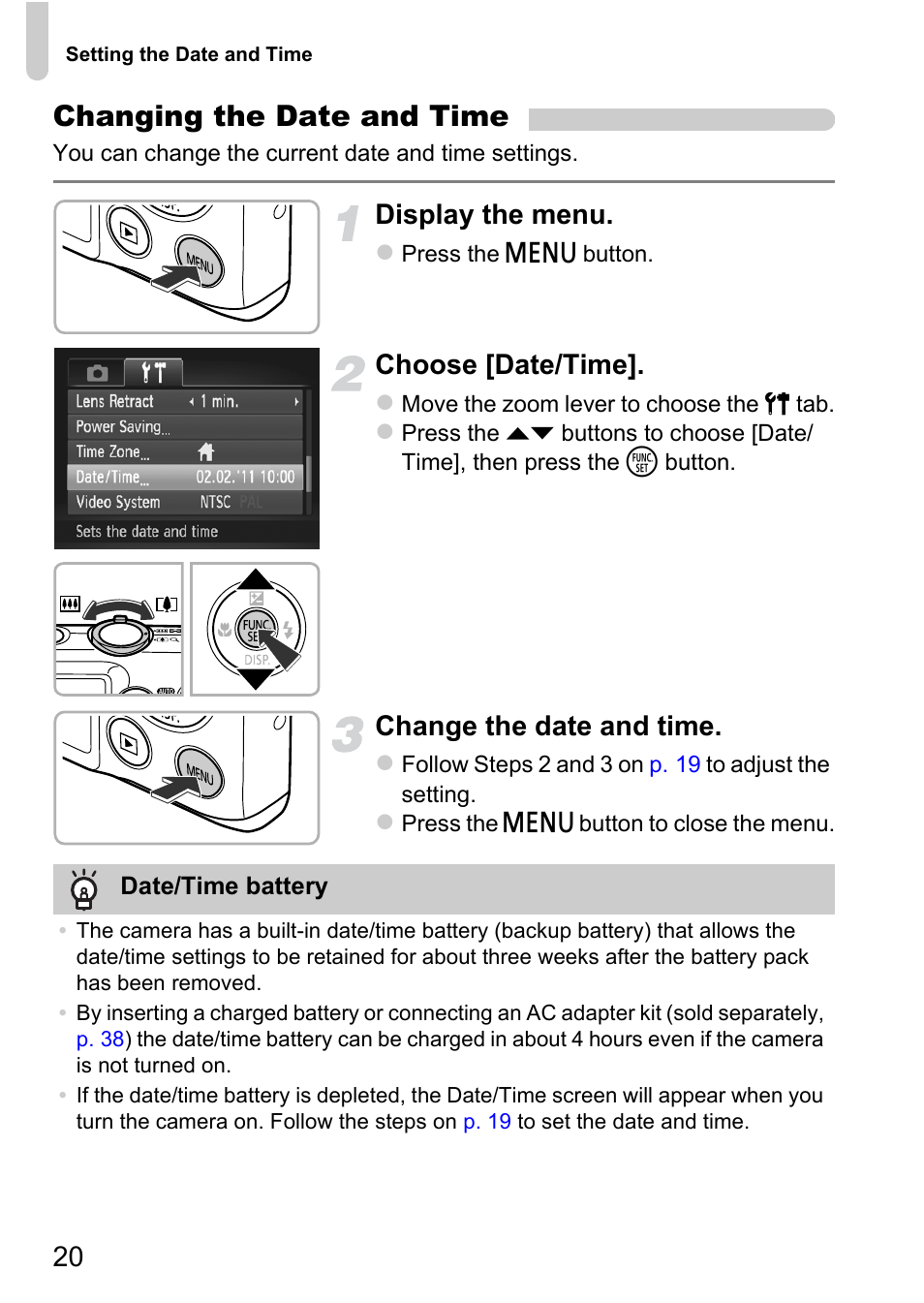 Changing the date and time, Display the menu, Choose [date/time | Change the date and time | Canon 220 HS User Manual | Page 20 / 209