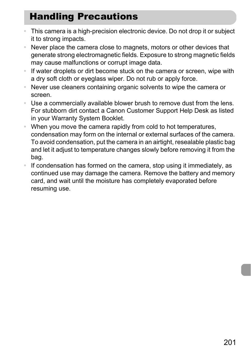 Handling precautions | Canon 220 HS User Manual | Page 201 / 209