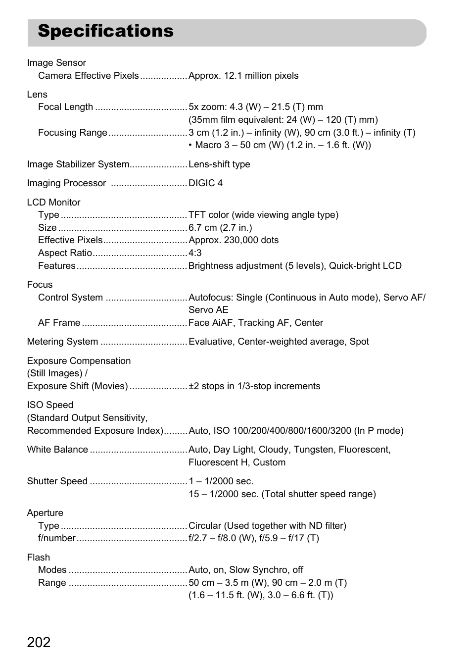 Specifications, P. 202) | Canon 220 HS User Manual | Page 202 / 209