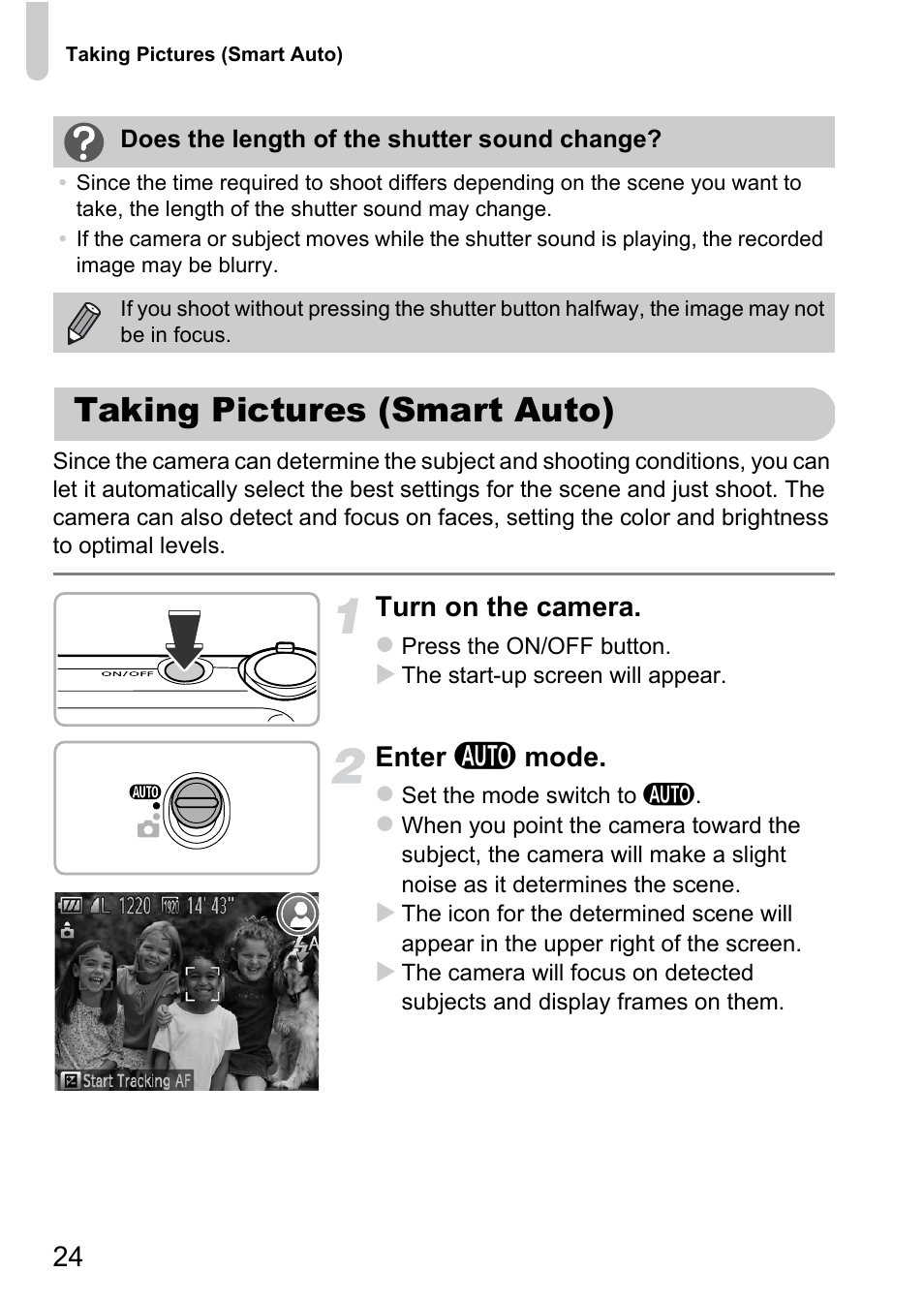 Taking pictures (smart auto), Turn on the camera, Enter a mode | Canon 220 HS User Manual | Page 24 / 209