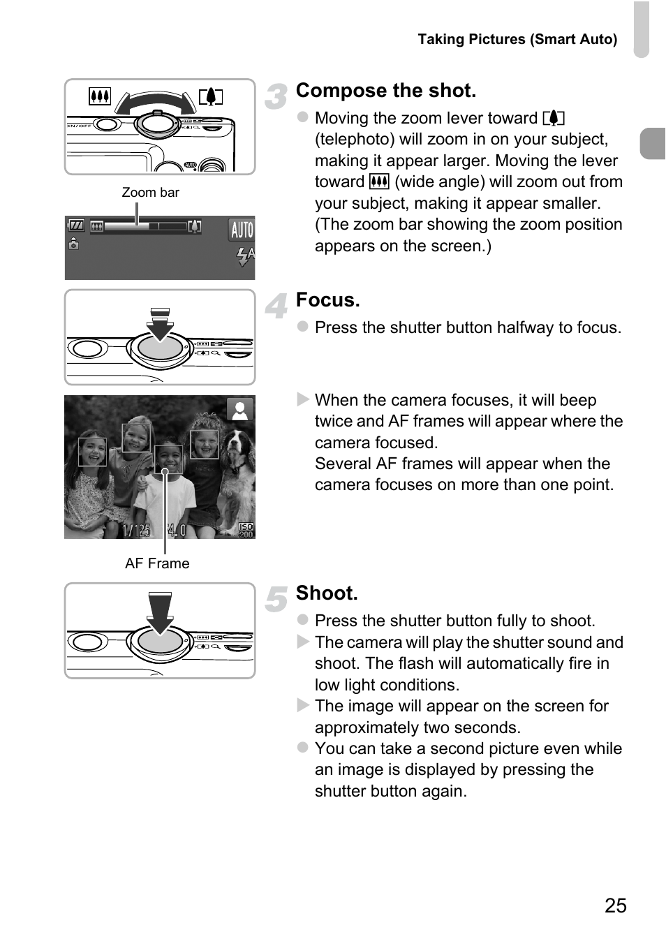 25 compose the shot, Focus, Shoot | Canon 220 HS User Manual | Page 25 / 209