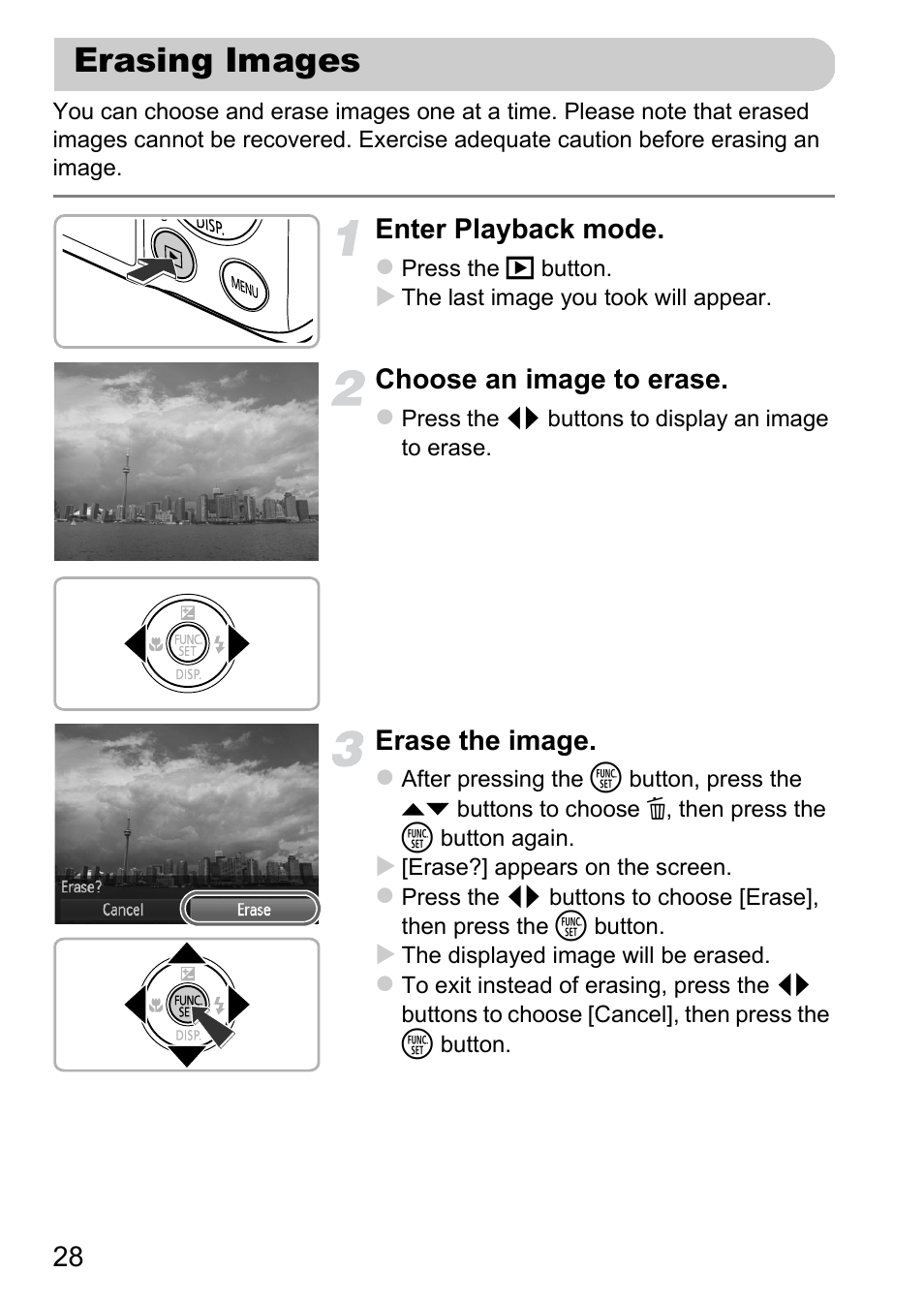 Erasing images, Enter playback mode, Choose an image to erase | Erase the image | Canon 220 HS User Manual | Page 28 / 209