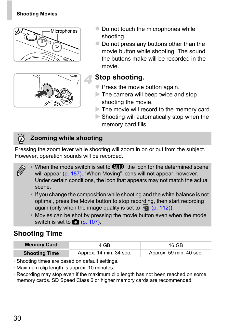 Stop shooting, Shooting time | Canon 220 HS User Manual | Page 30 / 209
