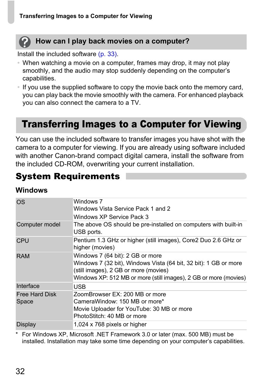 Transferring images to a computer for viewing, Transferring images to, A computer for viewing | System requirements | Canon 220 HS User Manual | Page 32 / 209