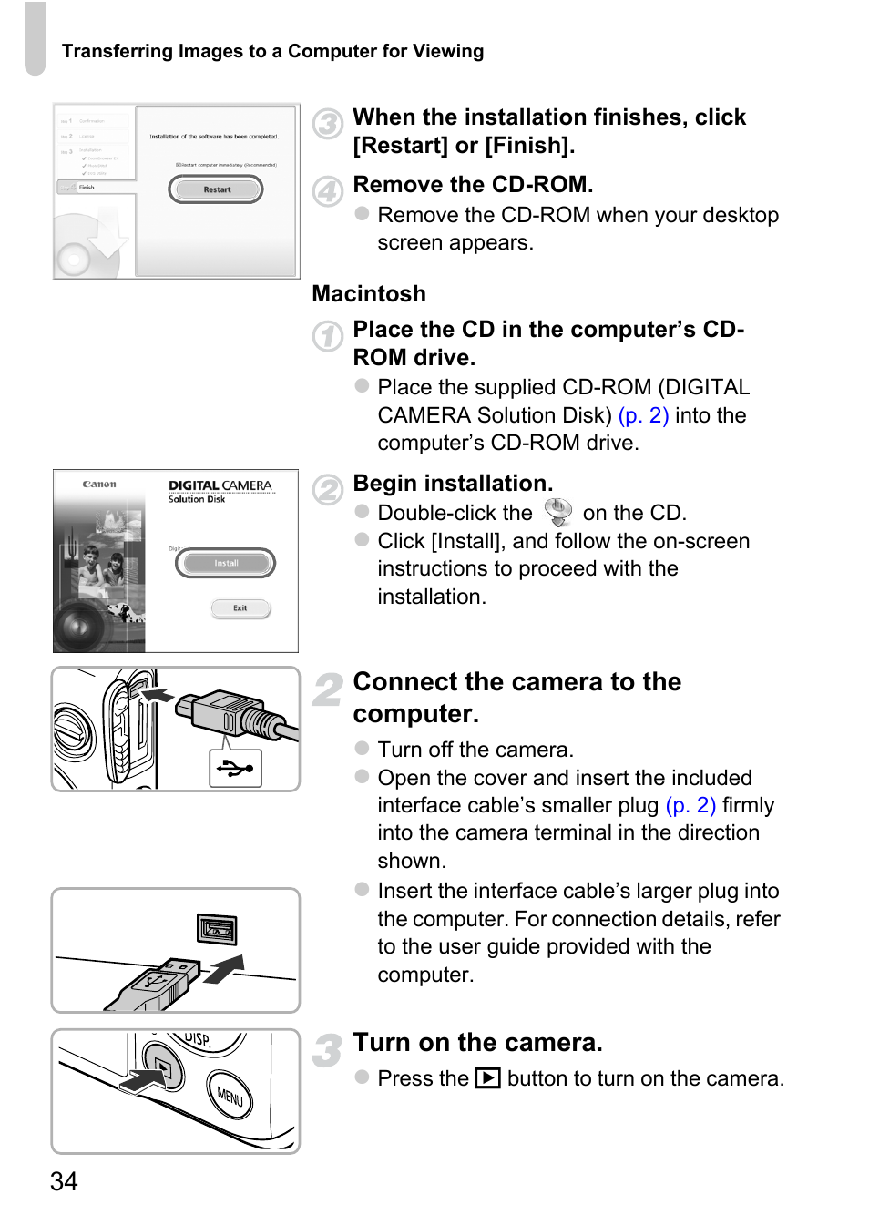 Connect the camera to the computer, Turn on the camera | Canon 220 HS User Manual | Page 34 / 209