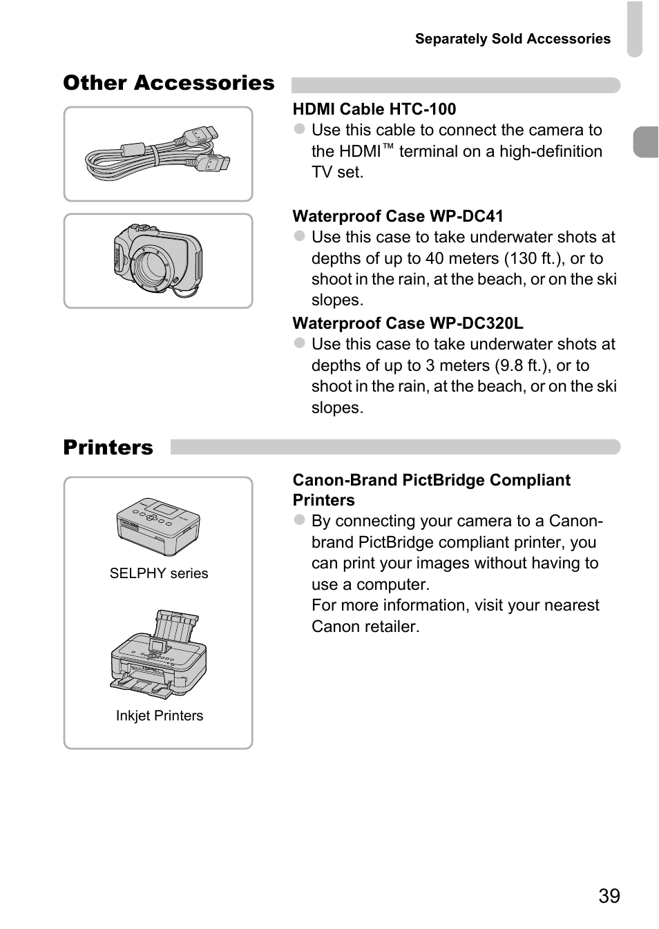 Other accessories, Printers | Canon 220 HS User Manual | Page 39 / 209