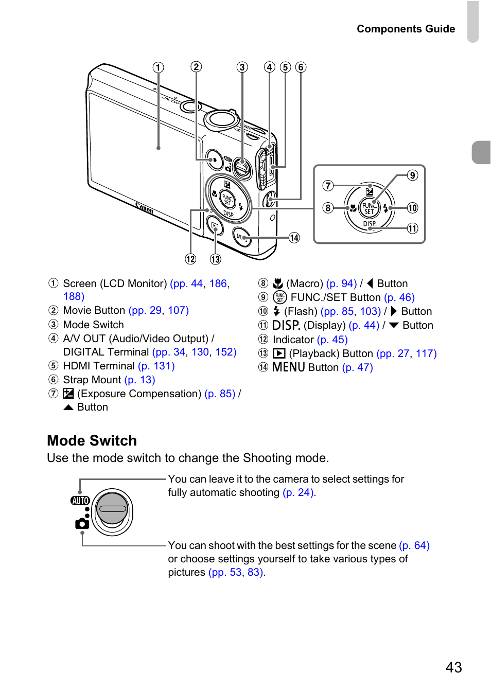 43 mode switch | Canon 220 HS User Manual | Page 43 / 209