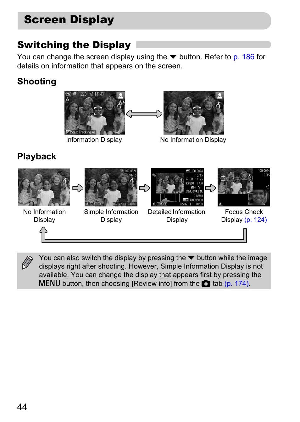 Screen display, Pp. 44, P. 44) | Switching the display, Shooting playback | Canon 220 HS User Manual | Page 44 / 209