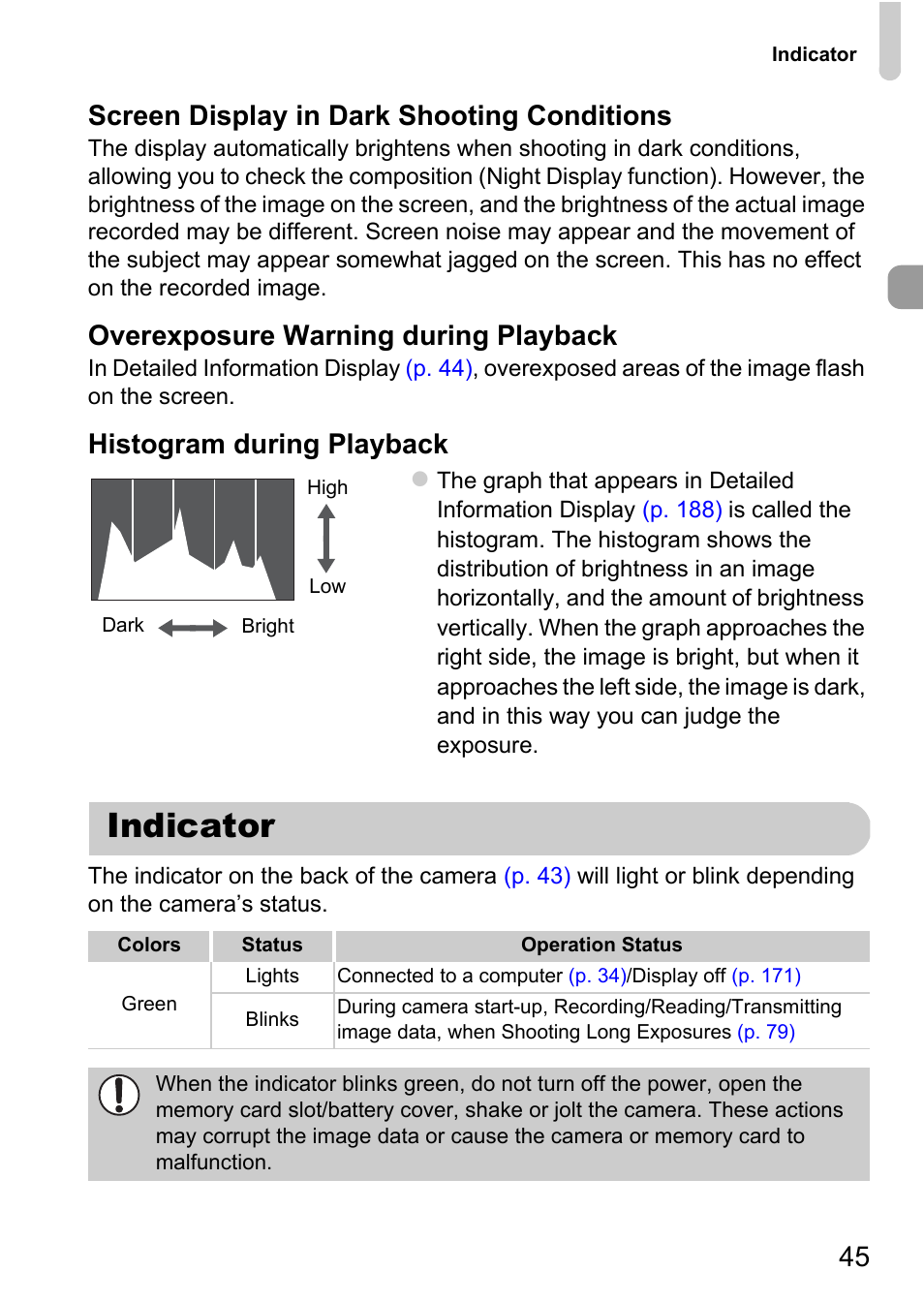 Indicator, P. 45), 45 screen display in dark shooting conditions | Overexposure warning during playback, Histogram during playback | Canon 220 HS User Manual | Page 45 / 209