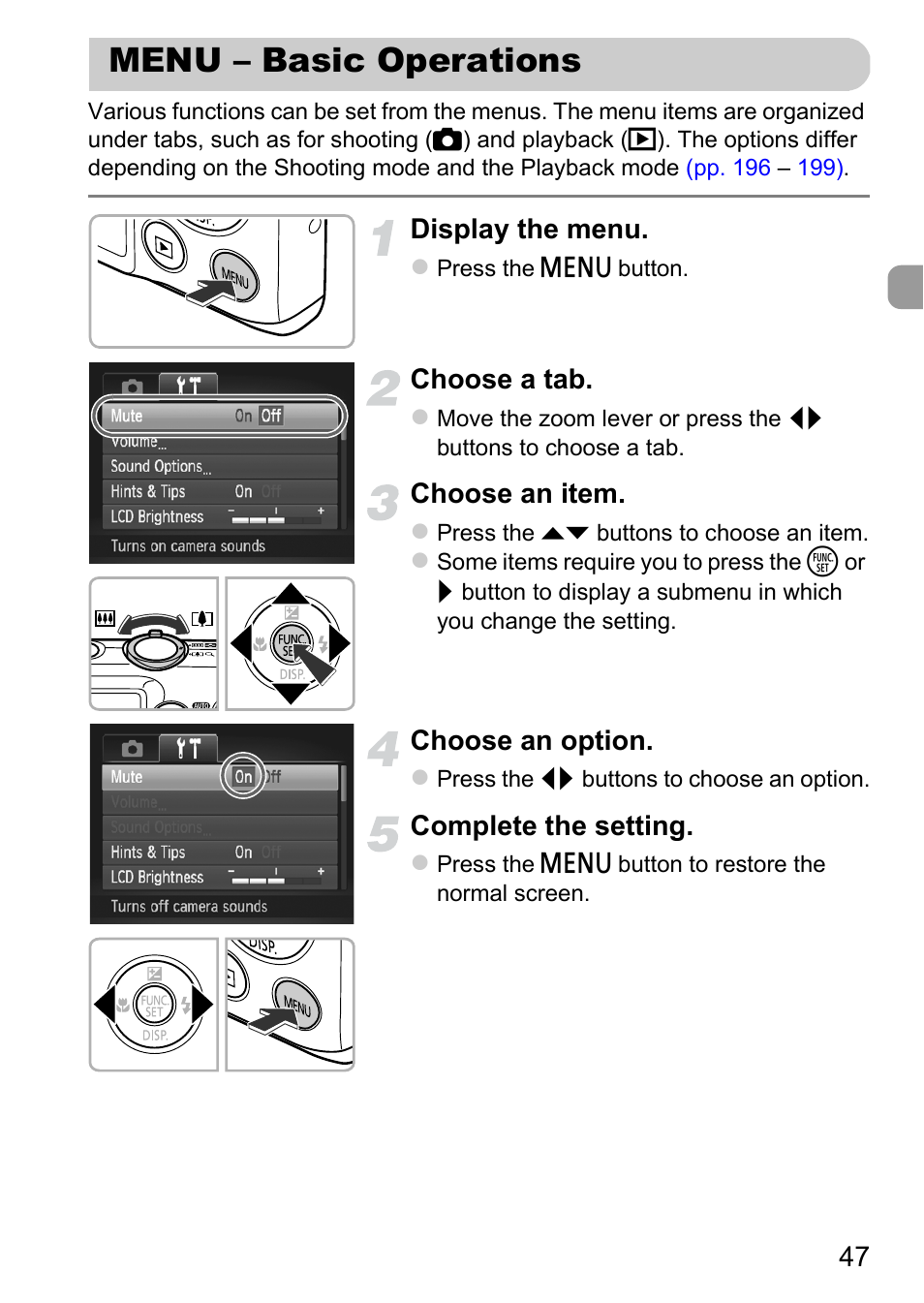 Menu - basic operations, Menu – basic operations, P. 47) | Canon 220 HS User Manual | Page 47 / 209