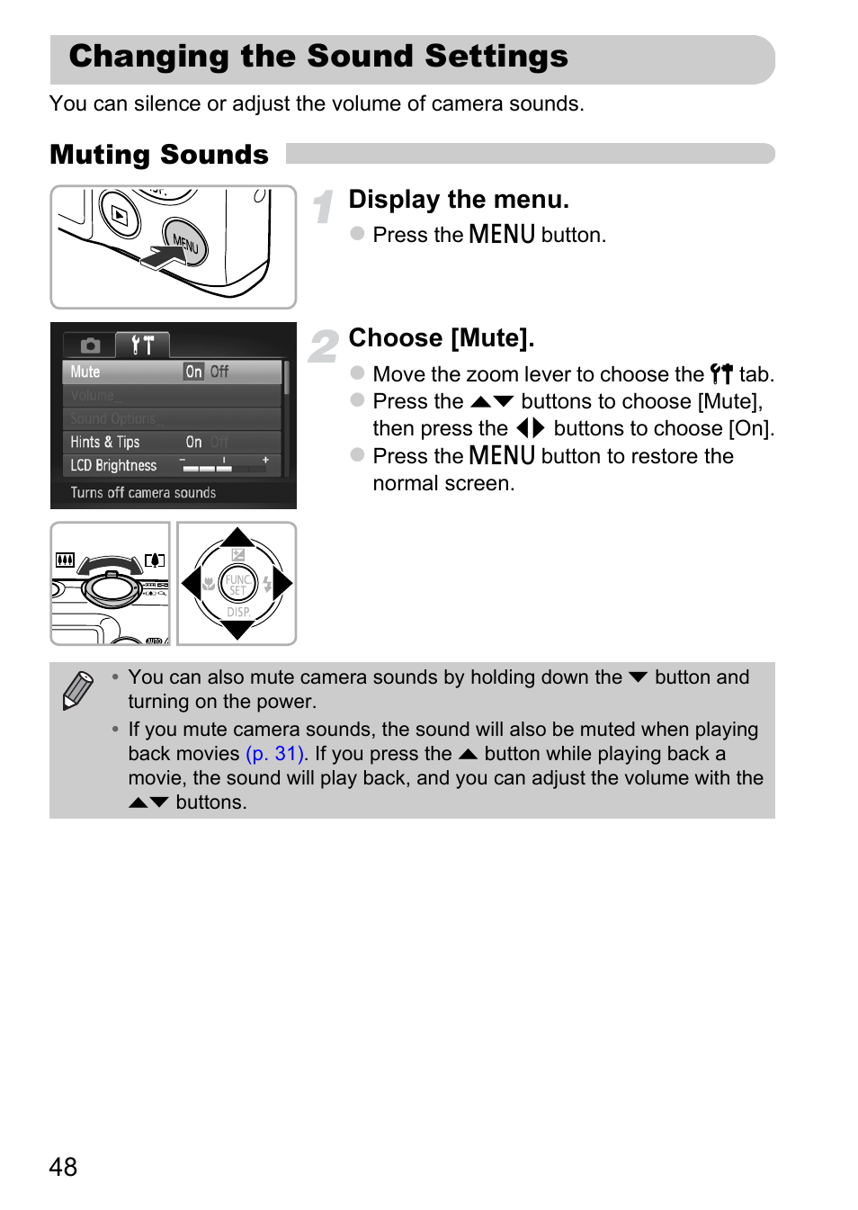 Changing the sound settings, Muting sounds, Display the menu | Choose [mute | Canon 220 HS User Manual | Page 48 / 209