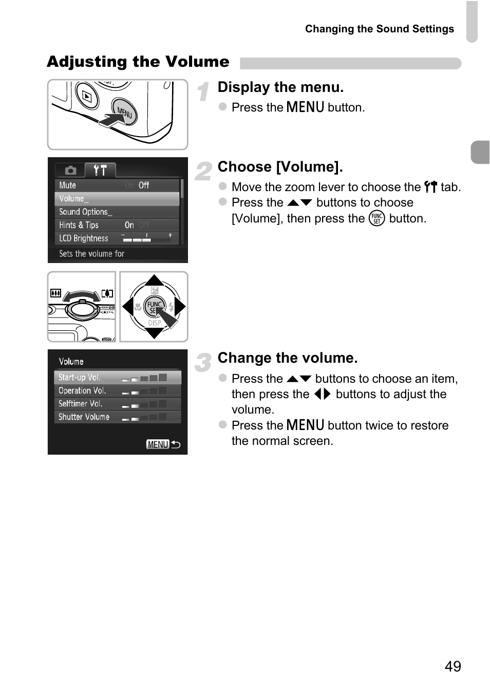 Adjusting the volume, Display the menu, Choose [volume | Change the volume | Canon 220 HS User Manual | Page 49 / 209