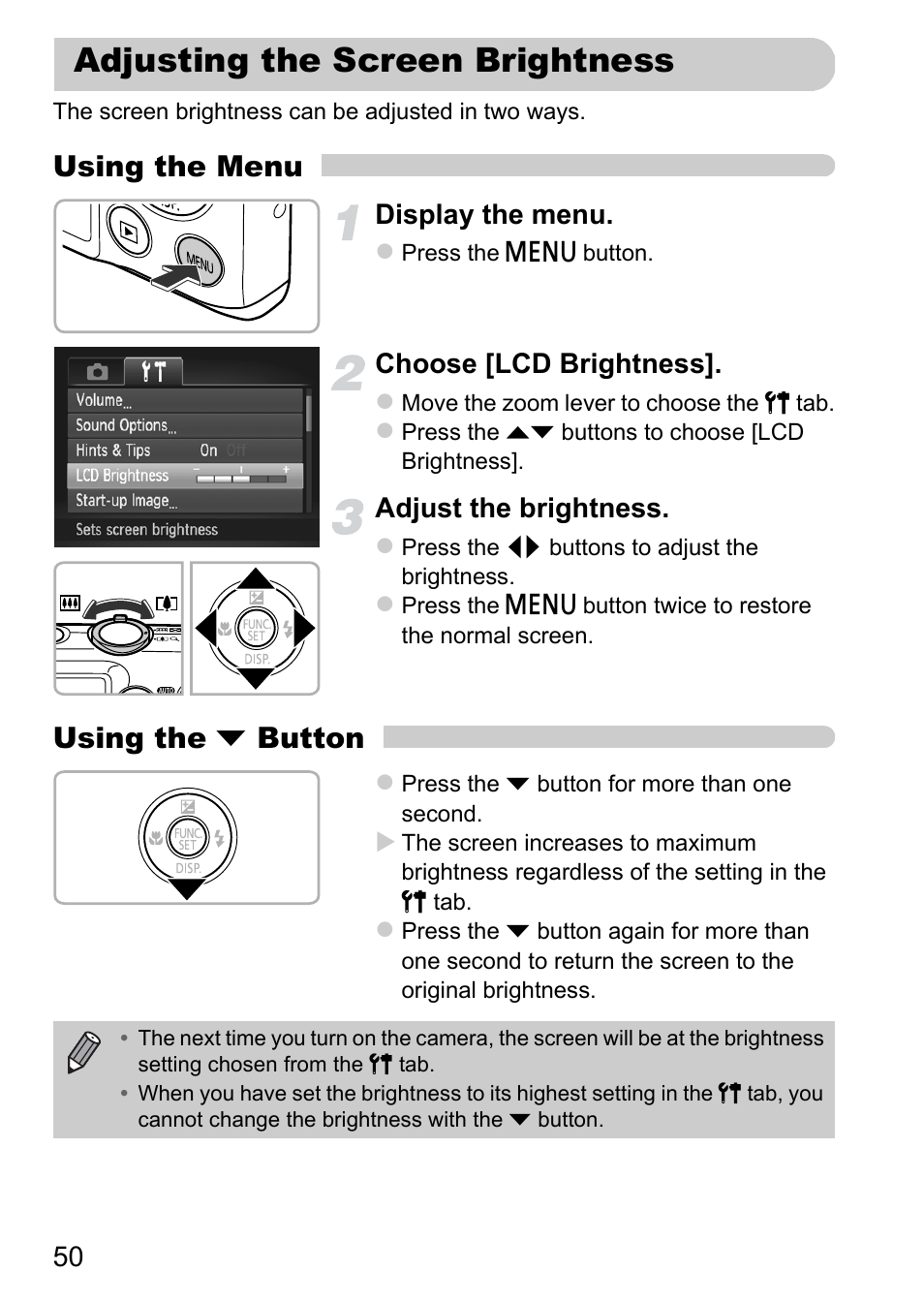 Adjusting the screen brightness, Using the menu, Using the p button | Display the menu, Choose [lcd brightness, Adjust the brightness | Canon 220 HS User Manual | Page 50 / 209