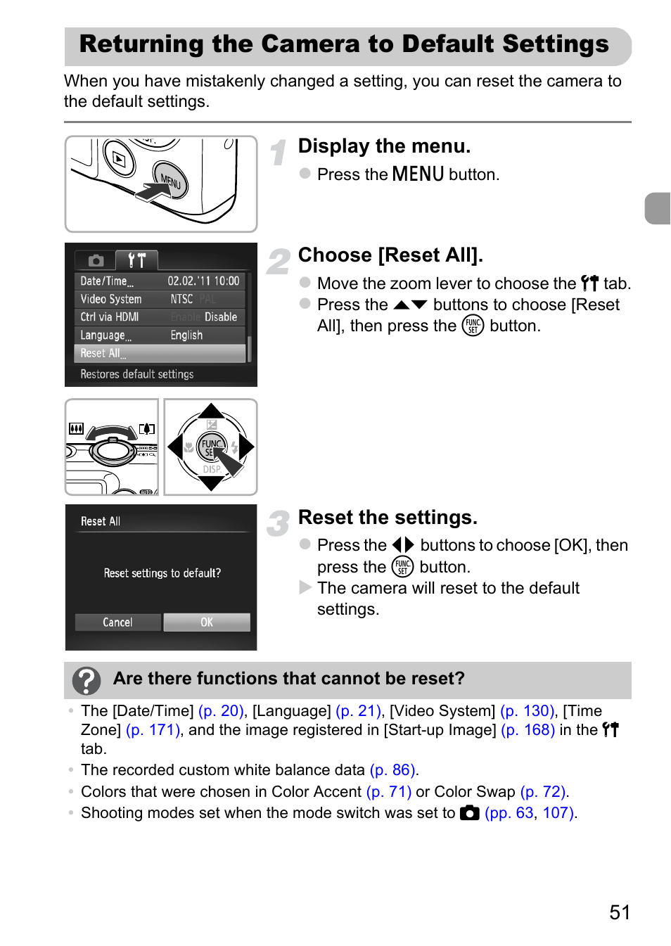 Returning the camera to default settings, Returning the camera to default, Settings | Display the menu, Choose [reset all, Reset the settings | Canon 220 HS User Manual | Page 51 / 209