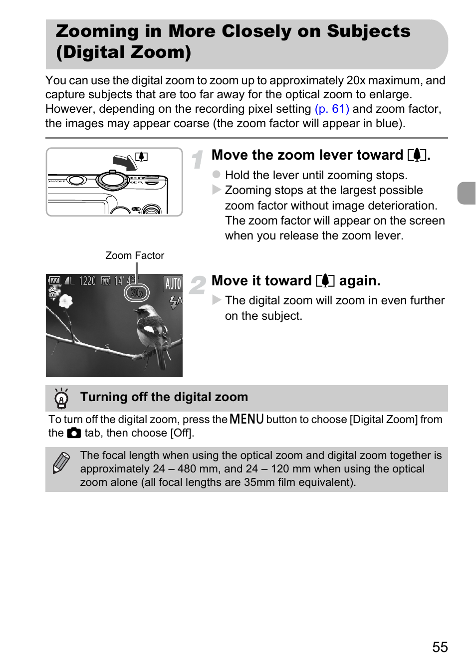 Zooming in more closely on subjects (digital zoom), Zooming in more closely on, Subjects (digital zoom) | Canon 220 HS User Manual | Page 55 / 209