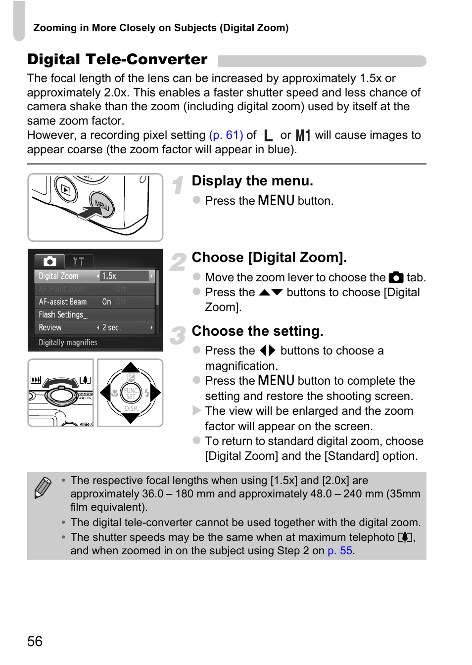 Digital tele-converter, Display the menu, Choose [digital zoom | Choose the setting | Canon 220 HS User Manual | Page 56 / 209