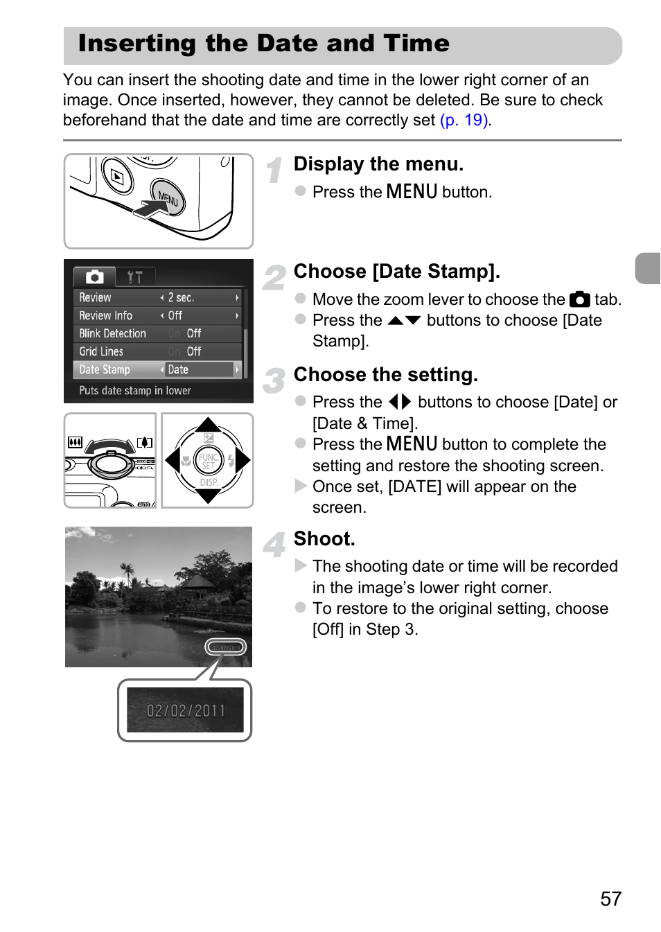 Inserting the date and time | Canon 220 HS User Manual | Page 57 / 209